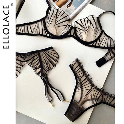 Ellolace Fancy Lingerie For Women Transparent Lace Embroidery Garter 3-Piece Sexy Underwear Sheer Bra Intimate Kits Bilizna Set