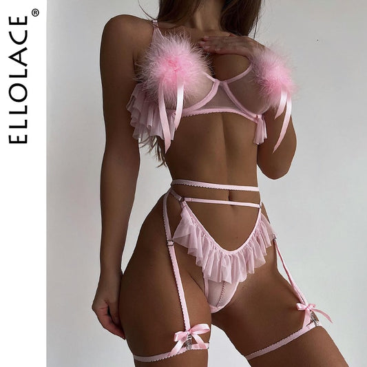 Sexy Feather Light Pink Ruffle Hollow Thongs Erotic Set 3 Pieces Fairy