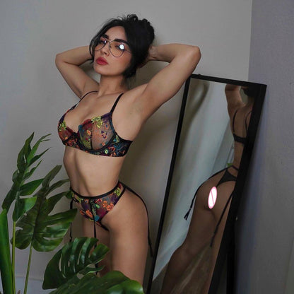 Floral Lace Bra Set with Garters
