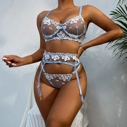 Ellolace Applique Women's Underwear Lingerie Set Sexy Underwear Set Bra with Bones 3 Piece Set Transparent Exotic Lingerie Sexy