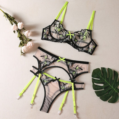 Floral Lace Sexy Embroidery 3-Piece Transparent Sheer Bra Kit Push Up