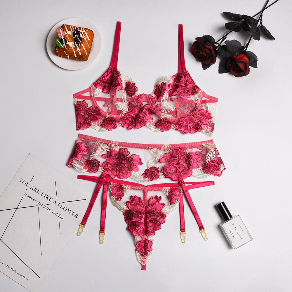 Ellolace Floral Lingerie Sexy Fancy Underwear Embroidery Erotic Brief Sets Lace Transparent Underwire Bra And Thong with Garters