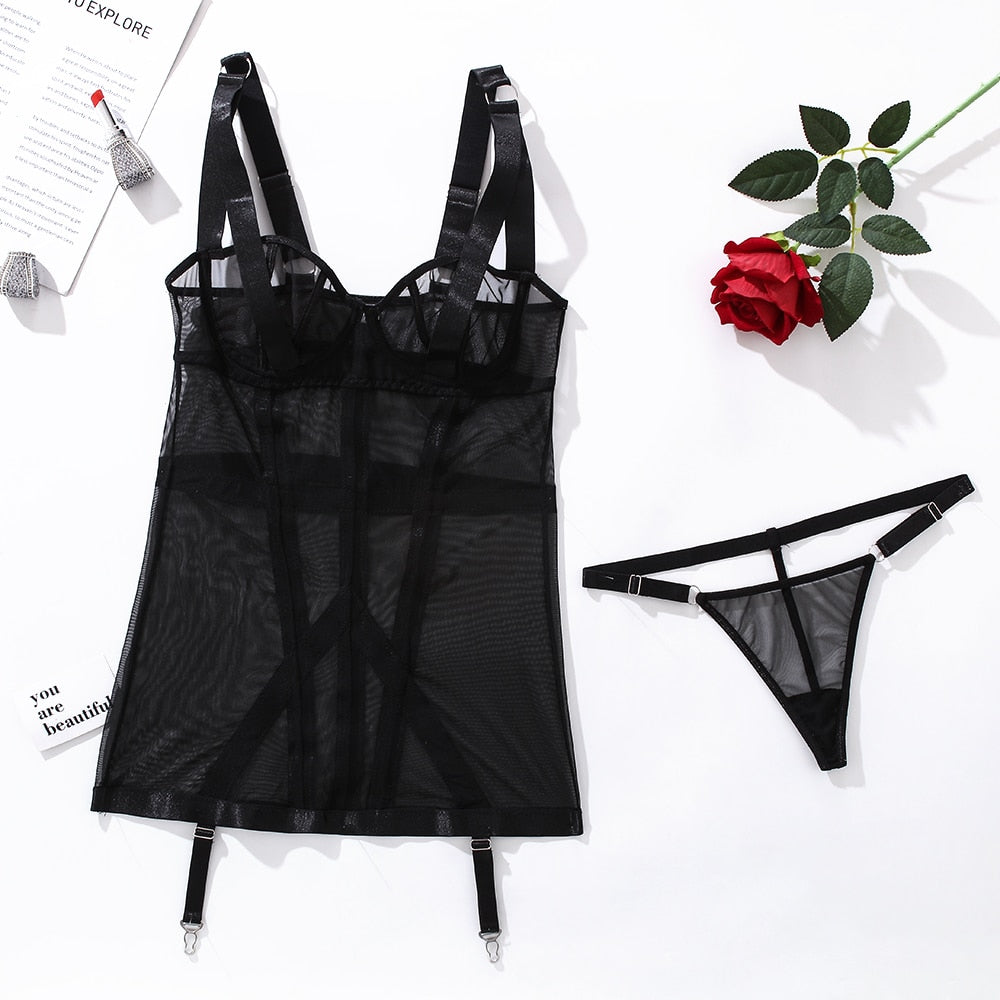 Sexy Mujer Puta Lace Dress Transparent Mini Nightgown Thongs Sleepwear