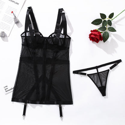 Sexy Mujer Puta Lace Dress Transparent Mini Nightgown Thongs Sleepwear