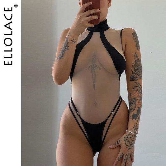 Ellolace Sexy Nude Bodysuit Uncensored Sleeveless Bodycon Tops Transparent Lace Patchwork Tight Sissy Open Crotch Tulle Body