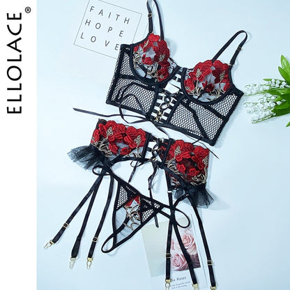Erotic Sexy Bandage Transparent Bra Ruffle Garters Thongs 3-Piece Fancy