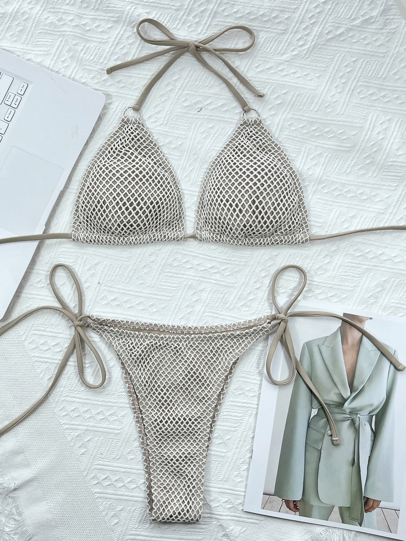 Fishing Net Erotic Bikini Halter Swimsuit Stylish Solid Padded Swimwear Brazilian Monokini Beach
