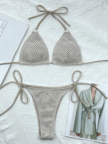 Fishing Net Erotic Bikini Halter Swimsuit Stylish Solid Padded Swimwear Brazilian Monokini Beach
