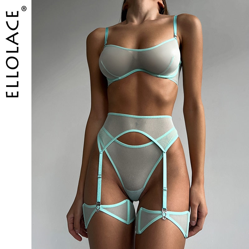 Ellolace Sensual Lingerie See Through Bra Kit Push Up Seamless Sheer Lace Intimate Soft Erotic Sets Garter Underwear Uncensored