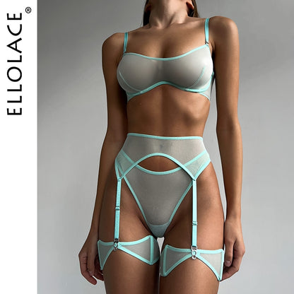Ellolace Sensual Lingerie See Through Bra Kit Push Up Seamless Sheer Lace Intimate Soft Erotic Sets Garter Underwear Uncensored