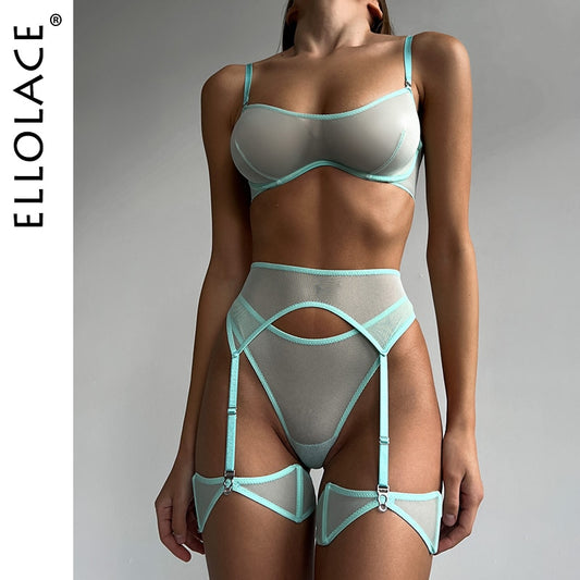 Ellolace Sensual Lingerie See Through Bra Kit Push Up Seamless Sheer Lace Intimate Soft Erotic Sets Garter Underwear Uncensored