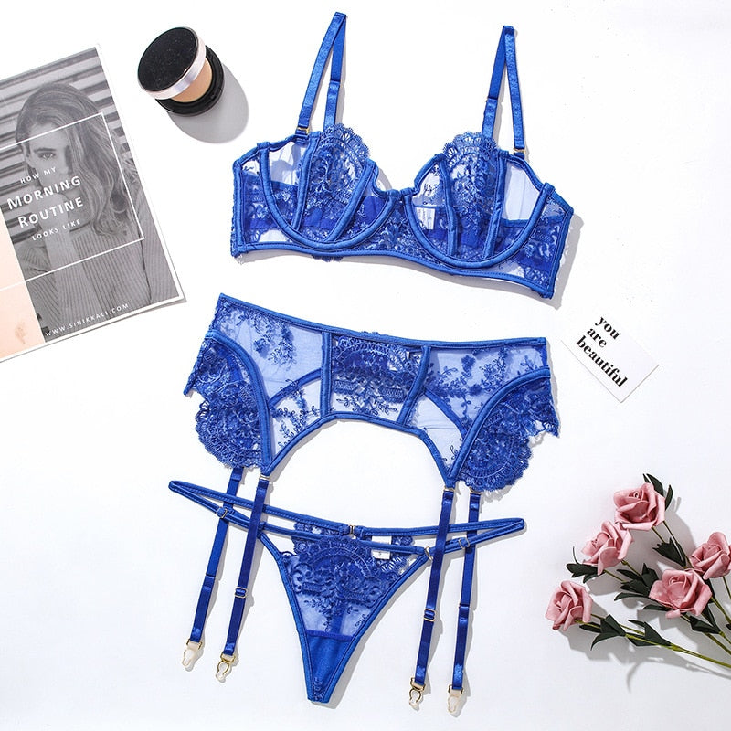 Ellolace Transparent Lingerie Erotic Lace Delicate Underwear Sexy See Through Luxury Exotic Sets Blue Matching Bra Thong Garters