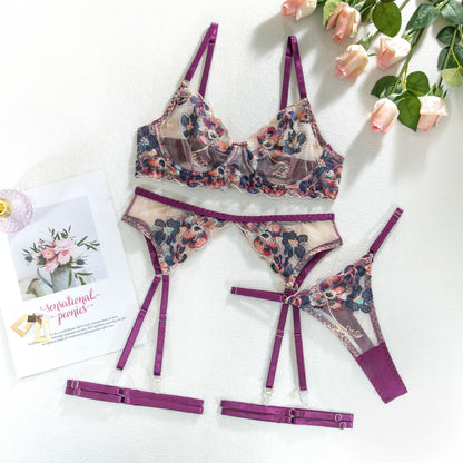 Sexy Transparent Women Sexy 5-Piece Lace Floral Garter Belt Set