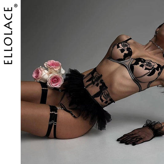 Ellolace Fancy Lingerie Floral Lace Bra Ruffle Garter Luxury Erotic Outfit Sexy Crotchless Panties Sensual Underwear 4-Piece