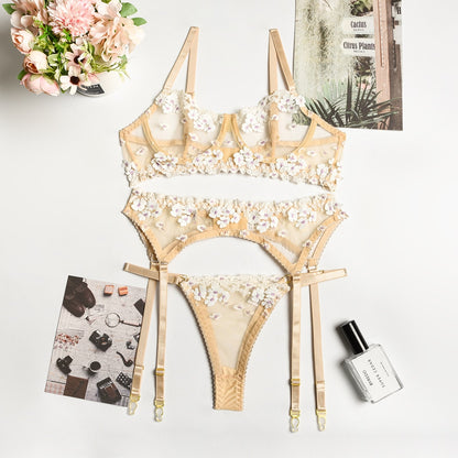 Ellolace Applique Women's Underwear Lingerie Set Sexy Underwear Set Bra with Bones 3 Piece Set Transparent Exotic Lingerie Sexy