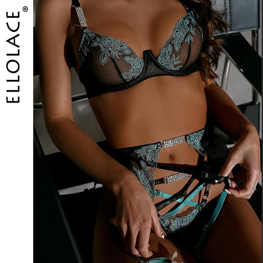 Ellolace Fancy Lingerie Rhinestone Sexy Porn Underwear Women Body Floral Embroidery Intimate Uncensored Luxury Lace Fine Outfits