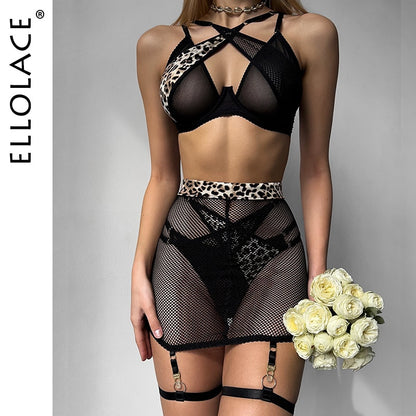 Ellolace Leopard Cross Bra Lingerie Sheer Lace Fancy Underwear 4-Piece Sissy See Through Bilizna Set With Dress Luxury Intimate