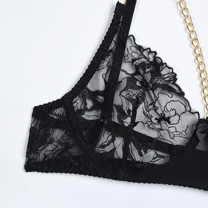 Lace Sexy Transparent Bra Panty Sets With Chain Sets 4-Piece