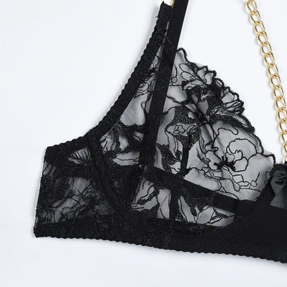 Lace Sexy Transparent Bra Panty Sets With Chain Sets 4-Piece
