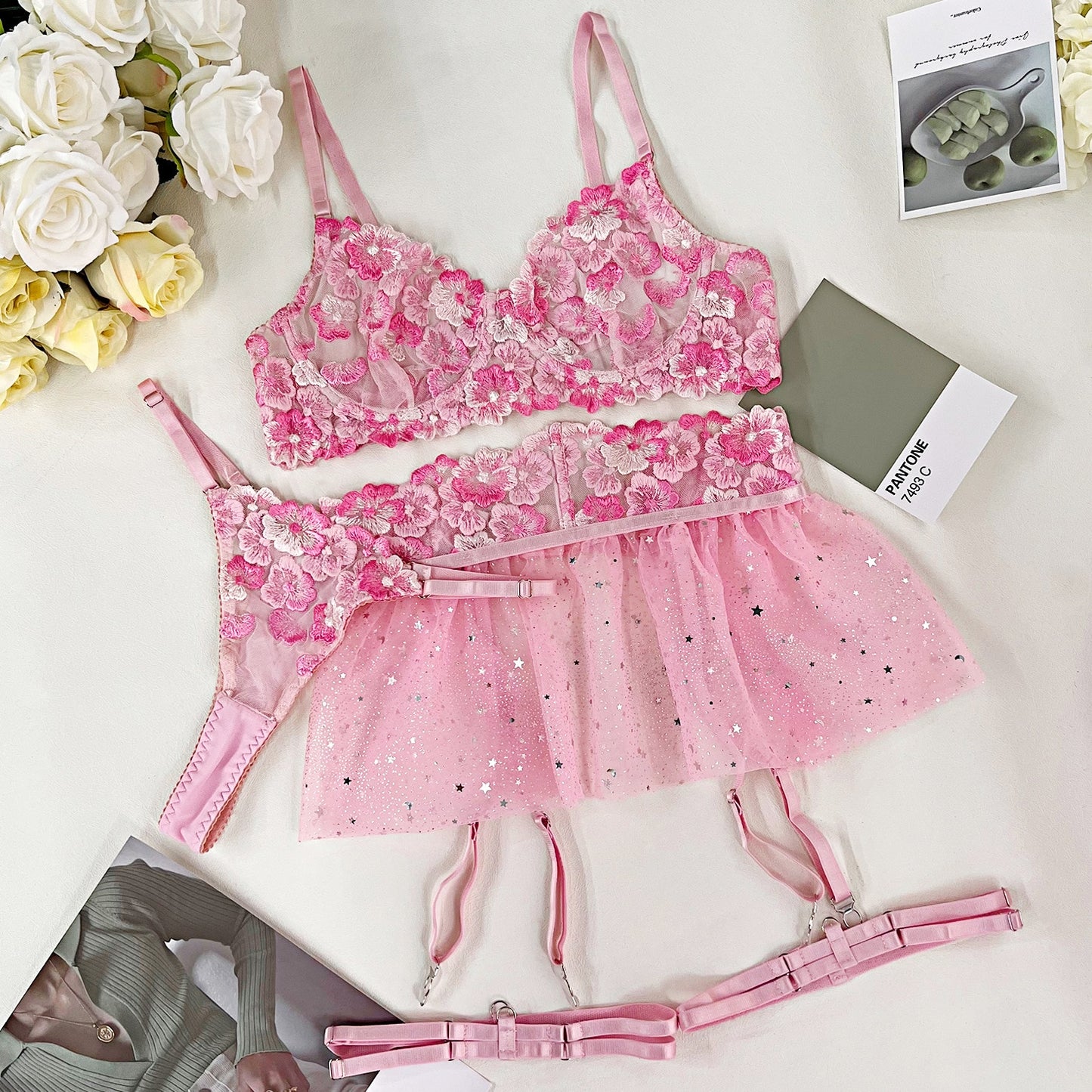 Ellolace Fancy Lingerie Fairy Ruffle Underwear 3-Piece Fine Luxury Embroidery Erotic Outfit Floral Delicate Garter Bilizna Set