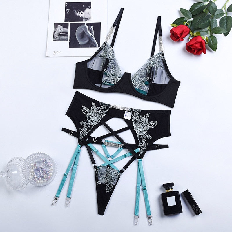 Ellolace Fancy Lingerie Rhinestone Sexy Porn Underwear Women Body Floral Embroidery Intimate Uncensored Luxury Lace Fine Outfits