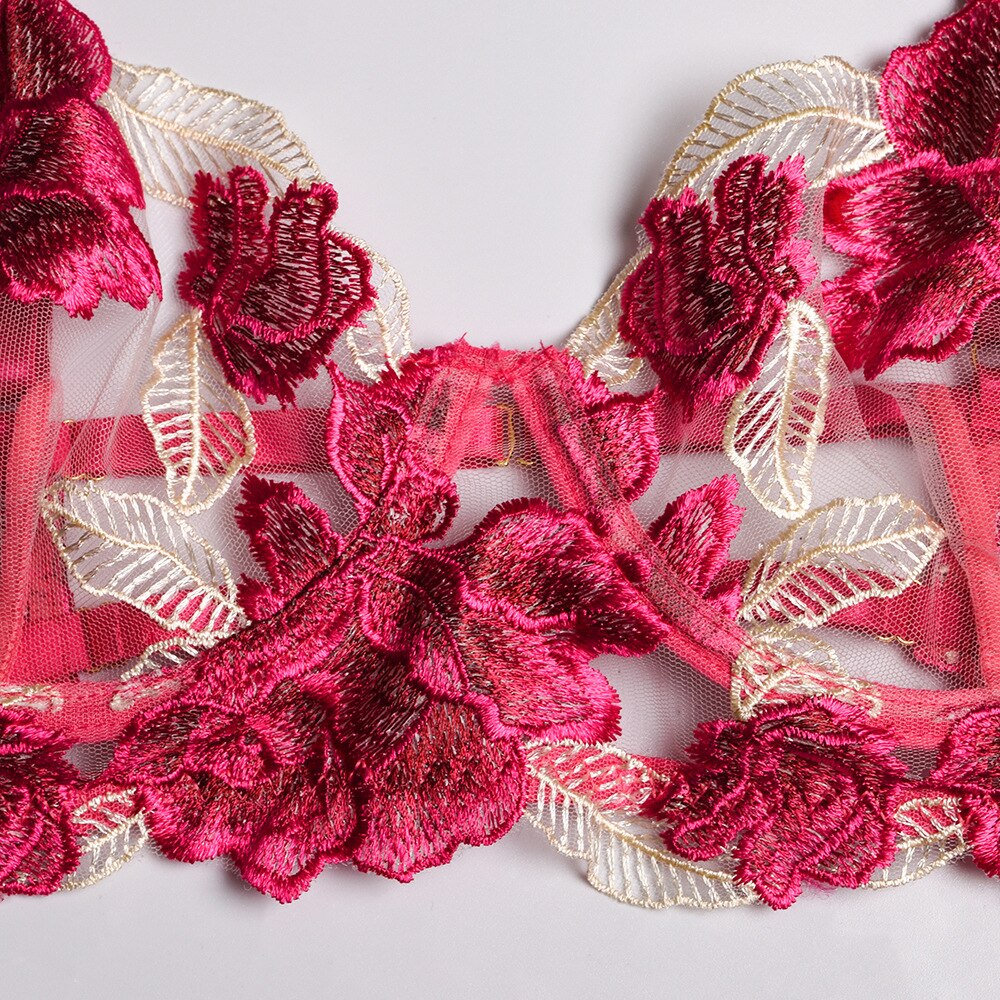 Ellolace Floral Lingerie Sexy Fancy Underwear Embroidery Erotic Brief Sets Lace Transparent Underwire Bra And Thong with Garters