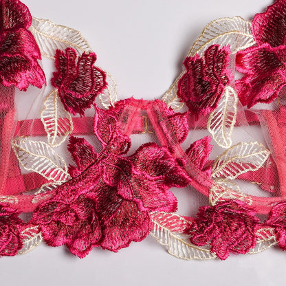 Ellolace Floral Lingerie Sexy Fancy Underwear Embroidery Erotic Brief Sets Lace Transparent Underwire Bra And Thong with Garters