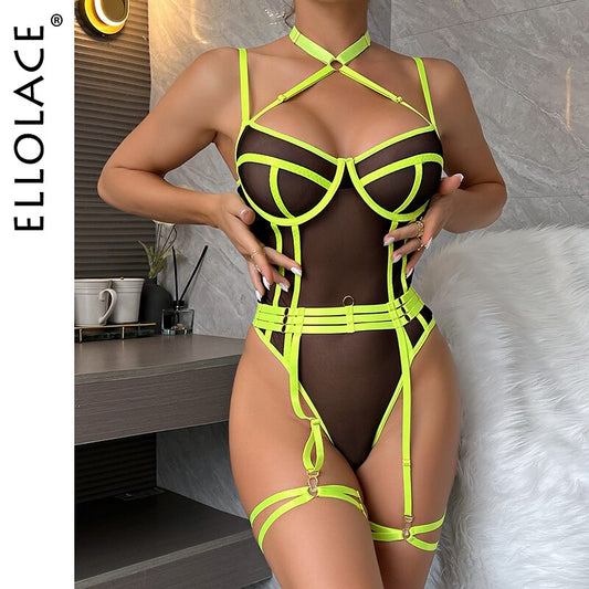 Ellolace Lace Bodysuit Contrast Color See Through Halter Body Seamless Open Crotch Teddy One Piece Bodysuits Sexy Fine Tops