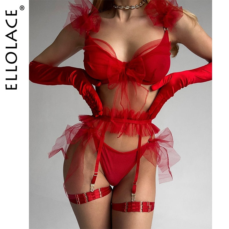 Ellolace Ruffle Hot Sexy Lingerie Red Bowknot Fancy Underwear Luxury Tulle Floral Sissy Outfits Fairy Erotic Delicate Intimate