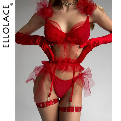 Ellolace Ruffle Hot Sexy Lingerie Red Bowknot Fancy Underwear Luxury Tulle Floral Sissy Outfits Fairy Erotic Delicate Intimate