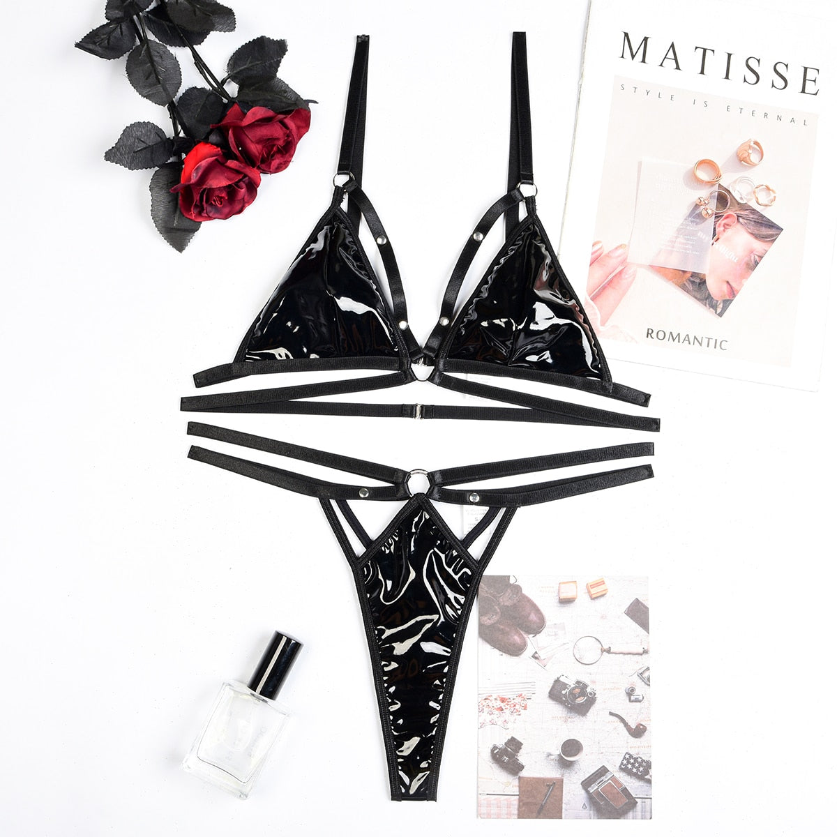 Ellolace Latex Lingerie Set Women 2 Piece Leather Underwear Erotic Costume Bilizna Sets Silicone Belt Fantasy Fetish Outfit