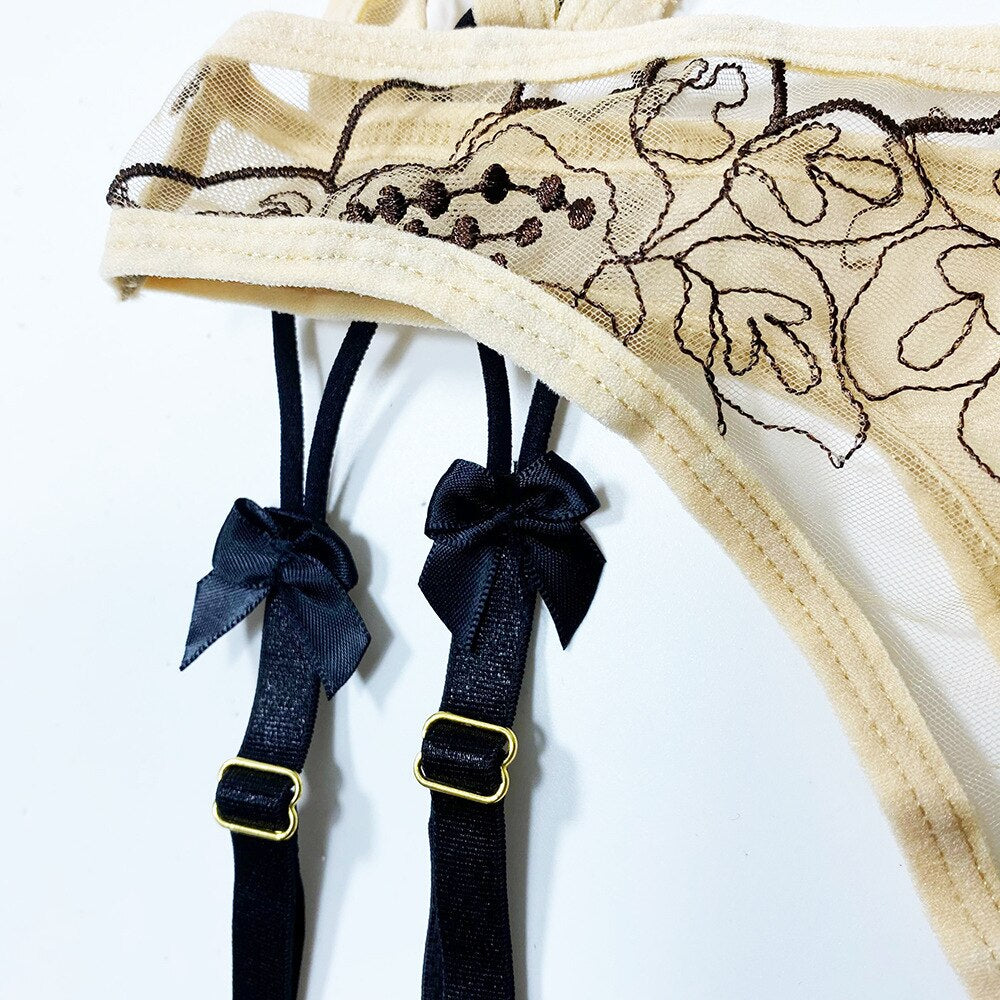 Ellolace Lingerie Sexy Transparent Bra Underwire Sheer Hot Porn Erotic Costumes Bowknot Floral Embroidery Garters Exotic Sets