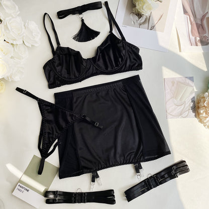 Ellolace Fine Satin Lingerie Sexy Underwear Lace 5-Piece Sissy Seamless Intimate Uncensored Skirt Fancy Bra And Panty Outfits