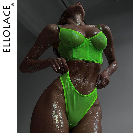 Ellolace Lace Lingerie Sexy Underwear Solid Seamless Set Woman 2 Pieces See Through Bra And Panty Set Intimate Bilizna Costume