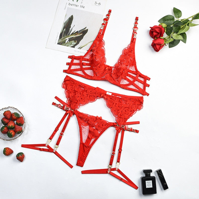 Jewel Shoulder Strap 3-Piece Garter Set Sexy Erotic Transparent Lace