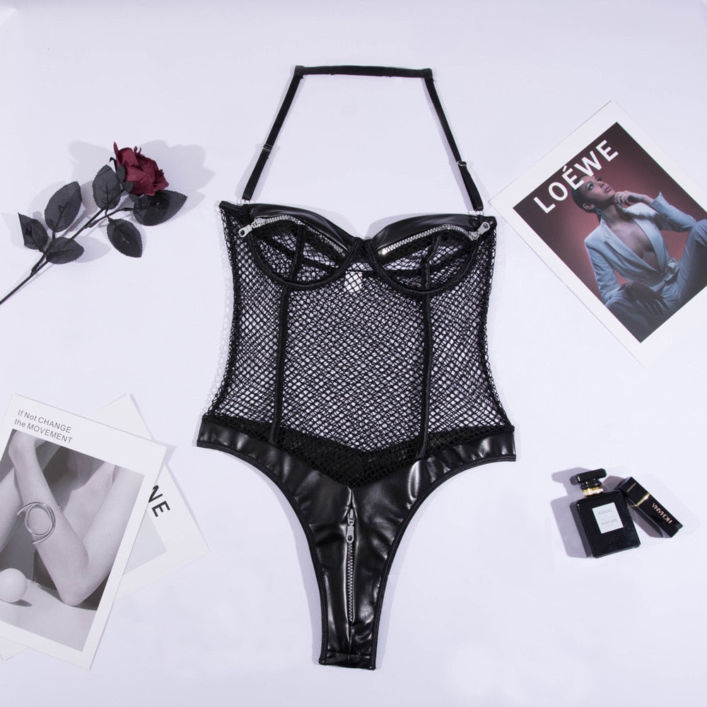 Sexy Bodysuit With Zipper Open Bra Mesh Transparent Women Halter Crotchless Leather Tops