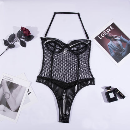 Sexy Bodysuit With Zipper Open Bra Mesh Transparent Women Halter Crotchless Leather Tops
