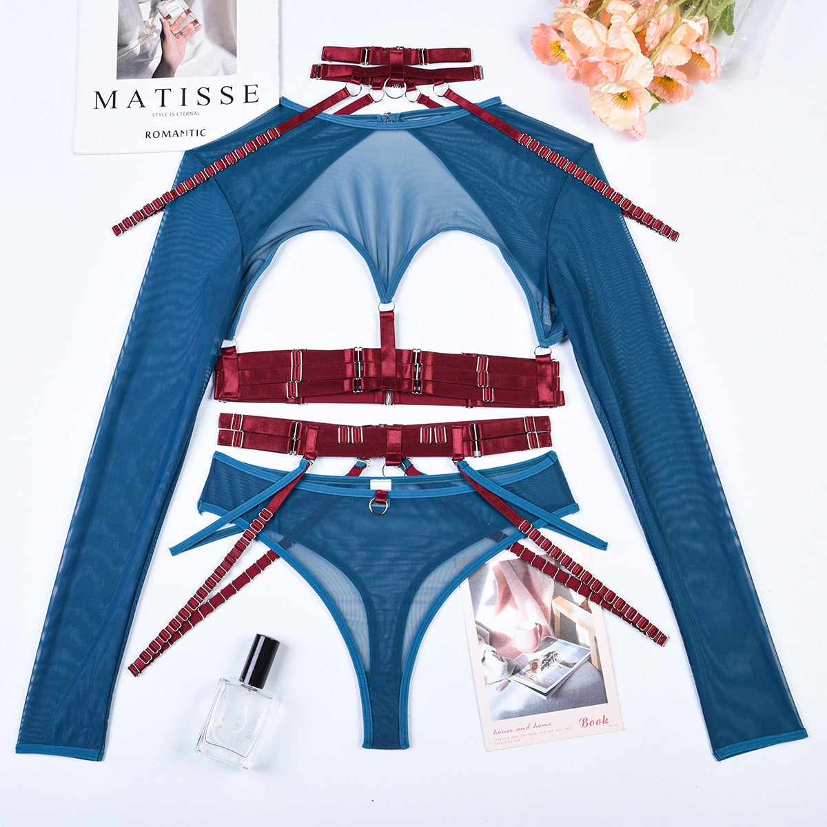 Sexy Costume Cut Out Transparent t-Shirts Gothic 4-Piece Garter Belt
