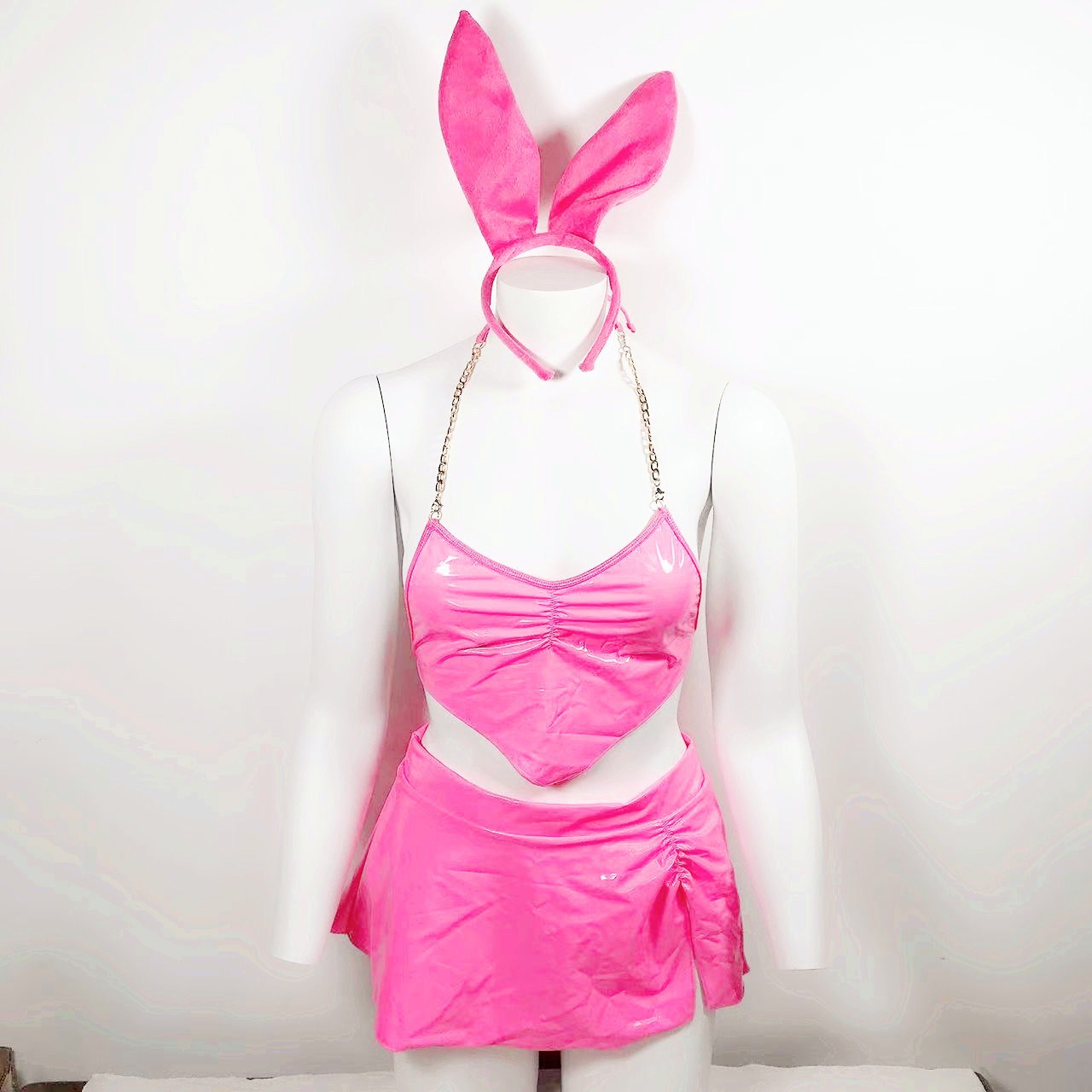 Latex Neon Pink Women 3-Piece Bunny Sexy PVC Sexy Nightclub Leather Erotic Costumes