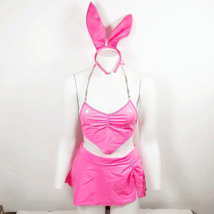 Latex Neon Pink Women 3-Piece Bunny Sexy PVC Sexy Nightclub Leather Erotic Costumes