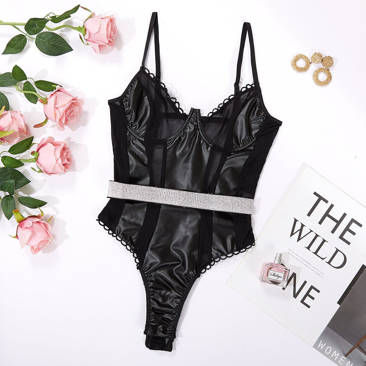 Lace Bodysuit Transparent Bra Latex Patchwork One Piece Bodys Sexy Leather Top Bodycon Crotchless