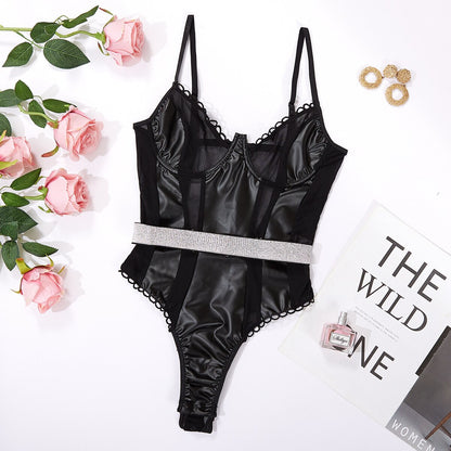 Lace Bodysuit Transparent Bra Latex Patchwork One Piece Bodys Sexy Leather Top Bodycon Crotchless