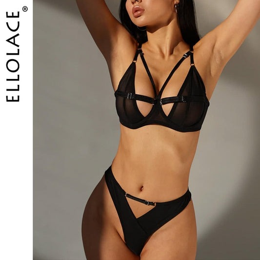 Ellolace Fancy Lingerie Transparent Bra Set Women 2 Piece Black Seamless Underwear Sexy Outfits Cheap See Through Exotic Sets