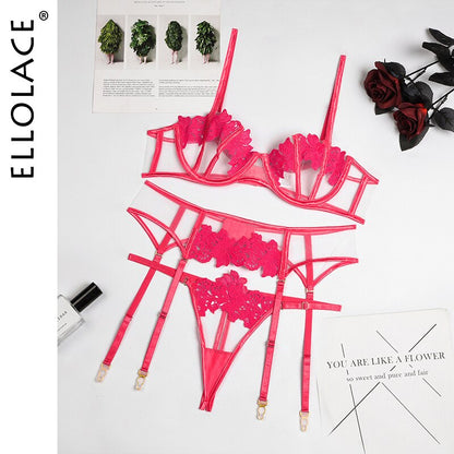 Ellolace Sensual Lingerie Underwear Erotic Hollow Out Brief Sets Push Up Underwire Bra Garters Thongs Sheer Fancy Exotic Costume
