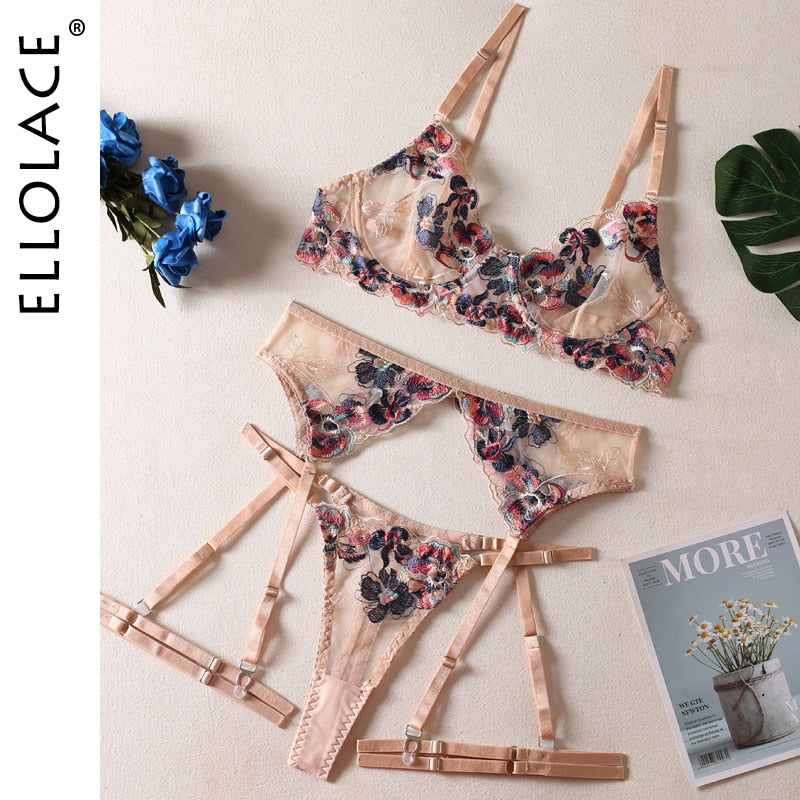 Floral 5-Piece Transparent Lace Push Up Bra Panty Set Garter Sexy