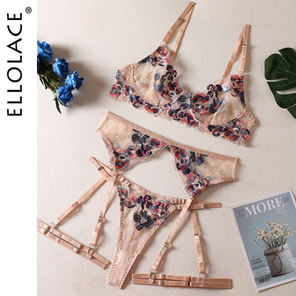 Floral 5-Piece Transparent Lace Push Up Bra Panty Set Garter Sexy