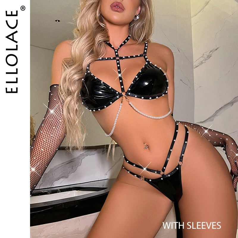 Ellolace Sexy Latex Lingerie With Pearl Set Woman 3 Pieces Erotic Thongs Black Leather Intimate Set Luxury Exotic Underwear