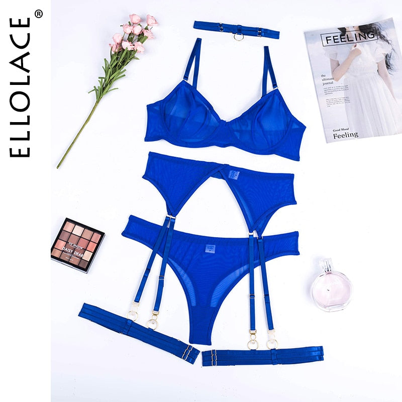 Set 4 Pieces Sexy Erotic Bra Garters Brief Sets Transparent Lace Blue