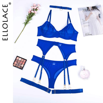 Set 4 Pieces Sexy Erotic Bra Garters Brief Sets Transparent Lace Blue