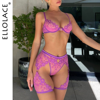 Embroidery 3-Pieces Lace Bra And Panty Sexy Garters Transparent Sets